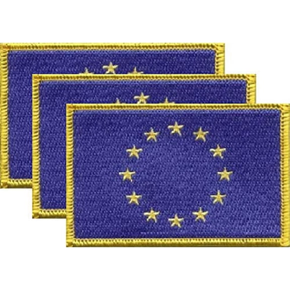Pack of 3 Country Flag Patches 3.50" x 2.25", Three International Embroidered Iron On or Sew On Flag Patch Emblems (European Union)