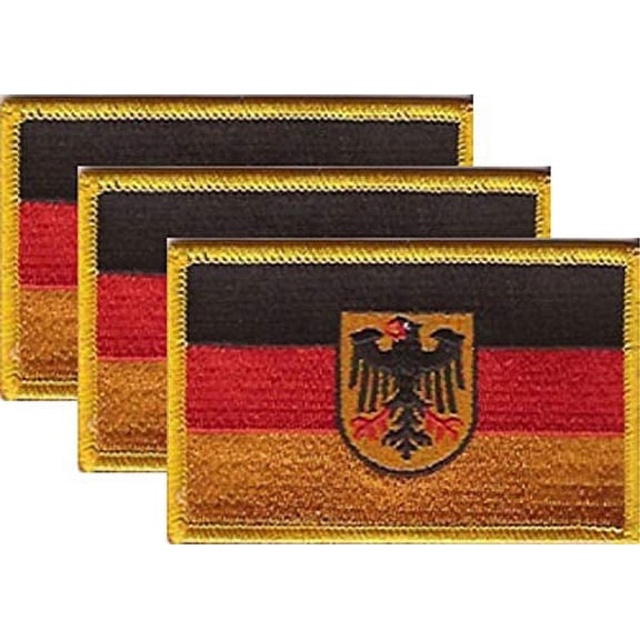 Pack of 3 Country Flag Patches 3.50" x 2.25", Three International Embroidered Iron On or Sew On Flag Patch Emblems (Germany with Eagle)
