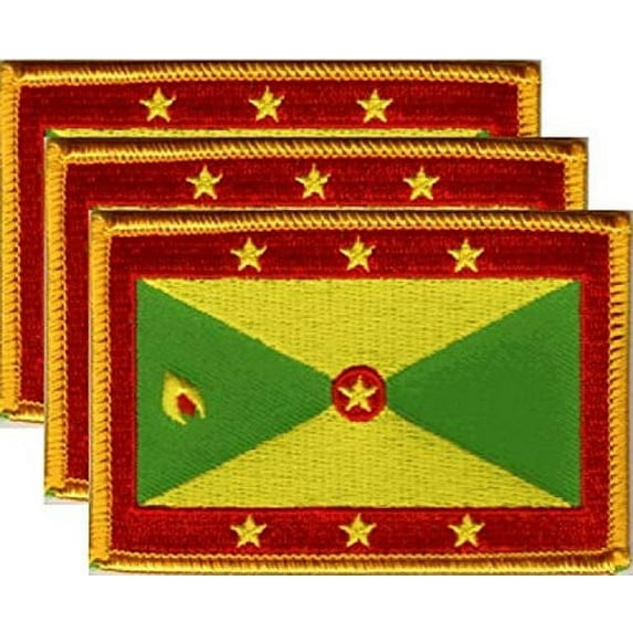 Pack of 3 Country Flag Patches 3.50" x 2.25", Three International Embroidered Iron On or Sew On Flag Patch Emblems (Grenada)