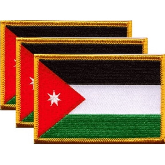 Pack of 3 Country Flag Patches 3.50" x 2.25", Three International Embroidered Iron On or Sew On Flag Patch Emblems (Jordan)