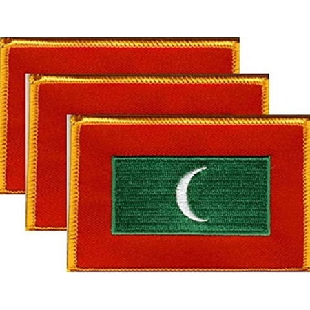 Pack of 3 Country Flag Patches 3.50" x 2.25", Three International Embroidered Iron On or Sew On Flag Patch Emblems (Maldives)