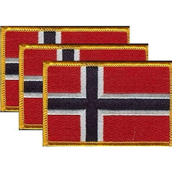 Pack of 3 Country Flag Patches 3.50" x 2.25", Three International Embroidered Iron On or Sew On Flag Patch Emblems (Norway)