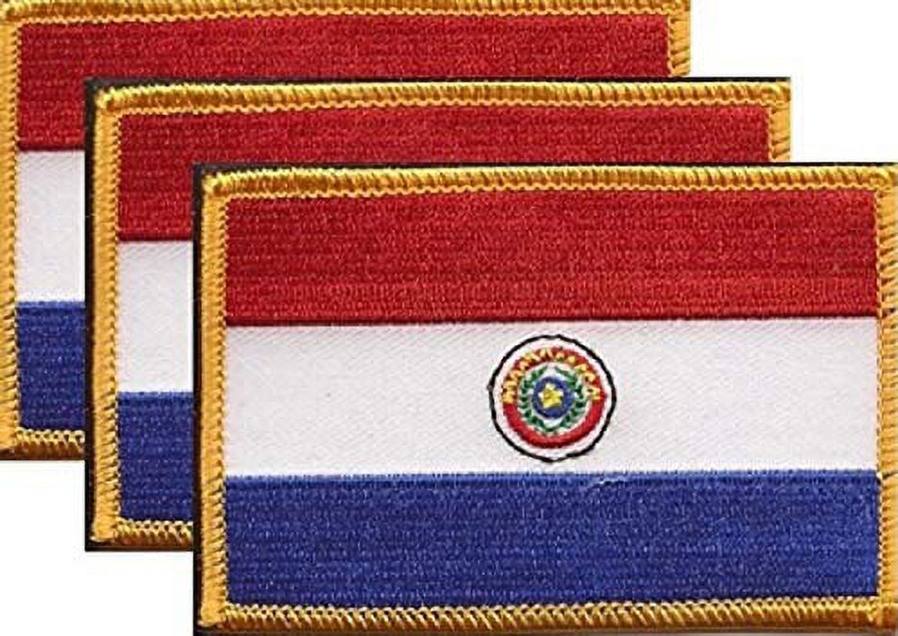 Pack of 3 Country Flag Patches 3.50 x 2.25, Three International  Embroidered Iron On or Sew On Flag Patch Emblems (Paraguay)