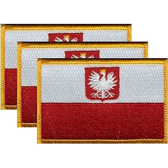 Pack of 3 Country Flag Patches 3.50" x 2.25", Three International Embroidered Iron On or Sew On Flag Patch Emblems (Poland (with Eagle))