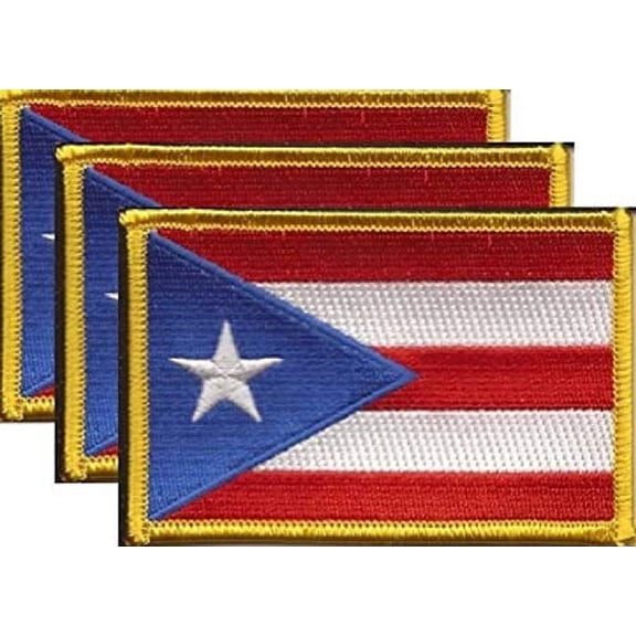 Pack of 3 Country Flag Patches 3.50" x 2.25", Three International Embroidered Iron On or Sew On Flag Patch Emblems (Puerto Rico)