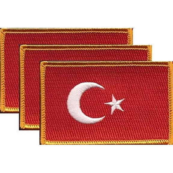 Pack of 3 Country Flag Patches 3.50" x 2.25", Three International Embroidered Iron On or Sew On Flag Patch Emblems (Turkey)