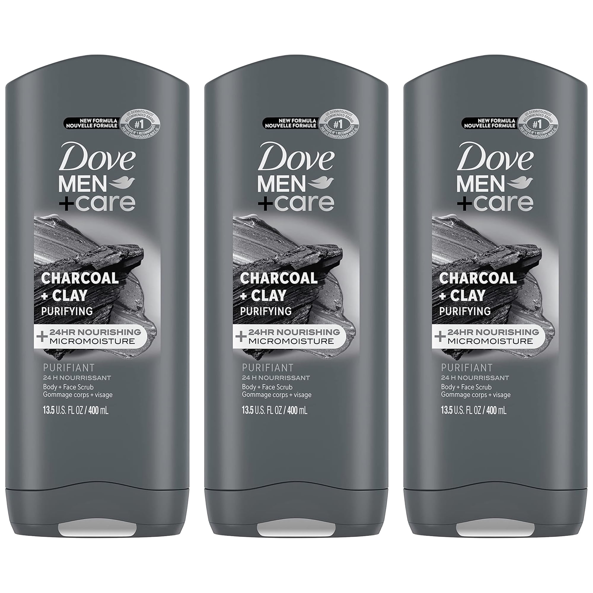 Pack of (3) DOVE MEN + CARE Purifying Charcoal + Clay Body and Face Wash with 24-Hour Nourishing Micromoisture Technology Body Wash for Men, 13.5 oz