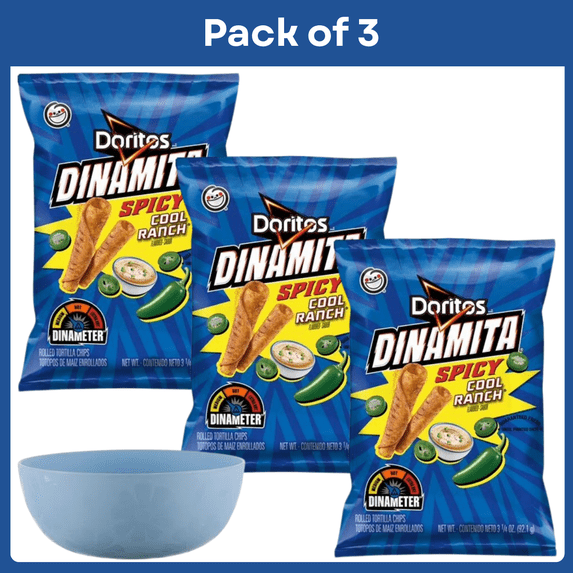 Pack of 3 Doritos Dinamita Spicy Cool Ranch Rolled Tortilla Snack Chips, 3.25 oz-With Bowl