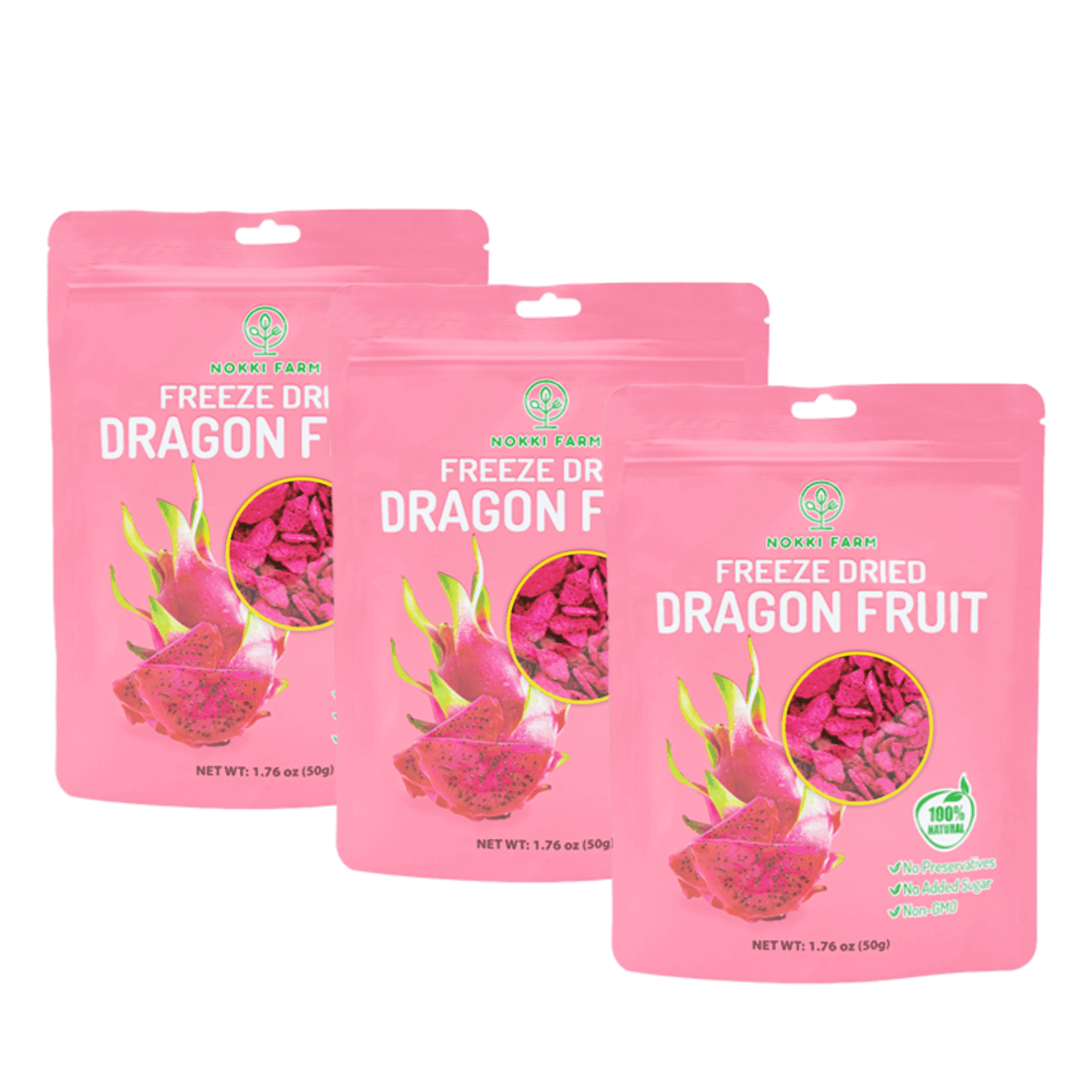 NOKKI FARM Freeze Dried Dragon Fruit Crisps - Healthy & Exotic Tropical Superfood Snacks, No Added Sugar or Preservatives, Kid-Approved, Shelf-Stable & Portable for On-The-Go Snacking, 1.76oz x 3 ct