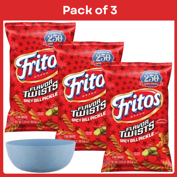 Pack of 3 Fritos Flavor Twists Spicy Dill Pickle Corn Chips Bag, 3.375 oz- With Bowl