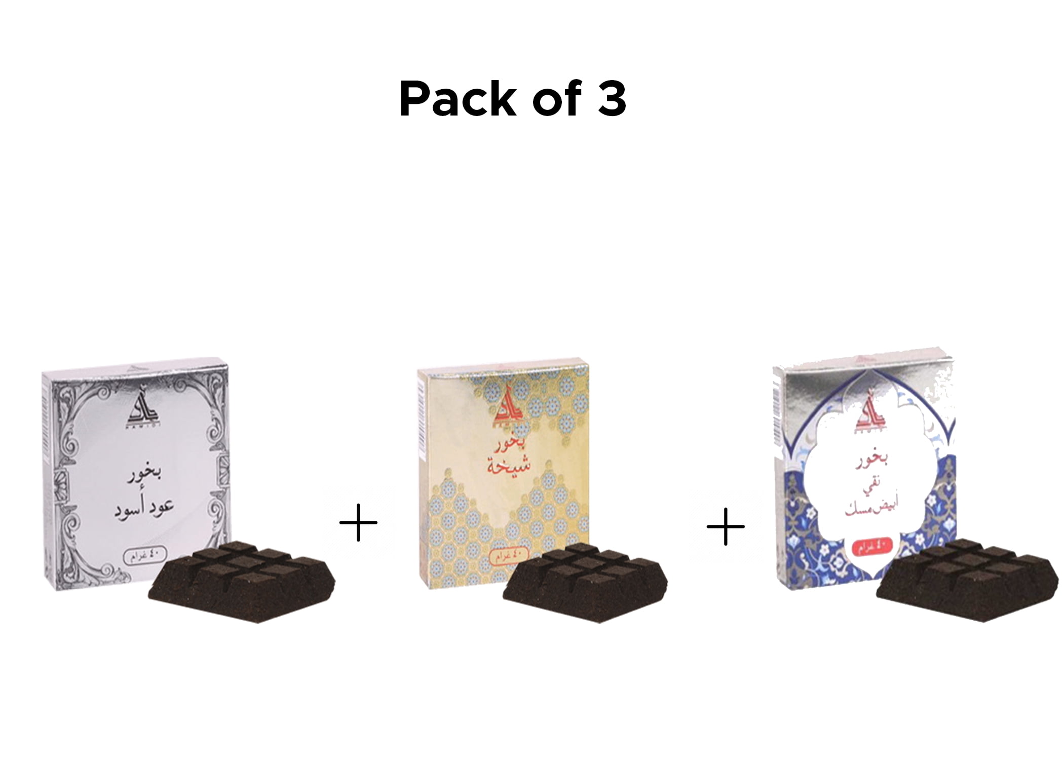Pack of 3 HAMIDI BAKHOOR BLACK OUD + SHEIKHA and WHITE MUSK 40 GM INCENSE FRAGRANCE FOR HOME