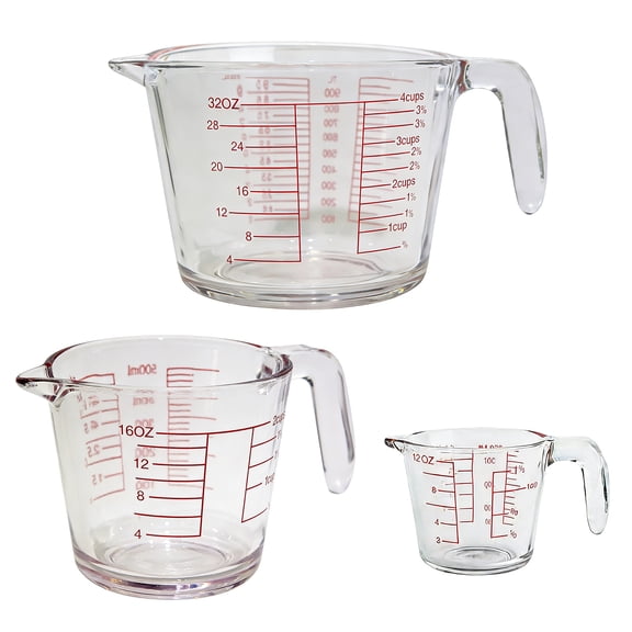 Pack of 3 Heat Resistant Armoured Glass Measuring Cups Feature Precise Scale for Baking Cooking and Easy Cleaning