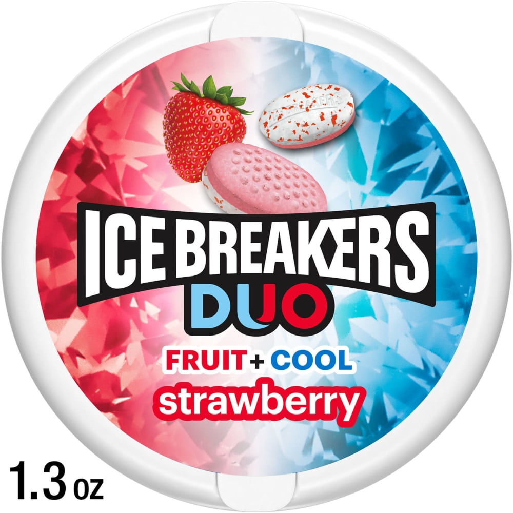 Pack of 3 ICE BREAKERS Duo Fruit Plus Cool Strawberry Sugar Free Mints Tin, 1.3 oz (packaging may vary)