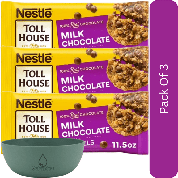 Nestle Toll House Milk Chocolate Regular Baking Chips, Morsels, 11.5 oz Bag-3pk, With Olive Green Bowl By ValueNest