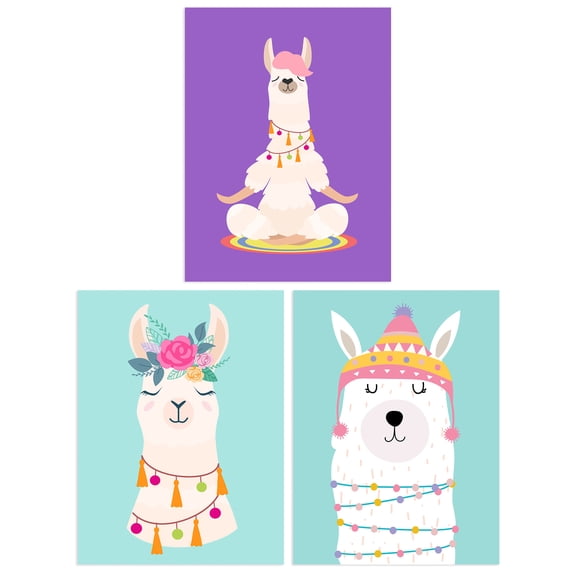 Pack of 3 Kids Bedroom Cute Happy Llama Yoga Meditation Bright Purple and Pastel Blue Unframed Wall Art Living Room Prints Set
