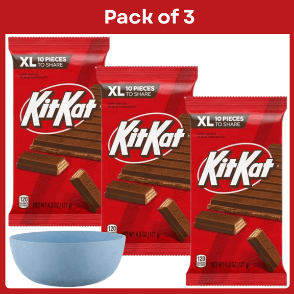 Pack of 3 Kit Kat Milk Chocolate Wafer XL Candy, Bar 4.3 oz, 10 Pieces- With Bowl