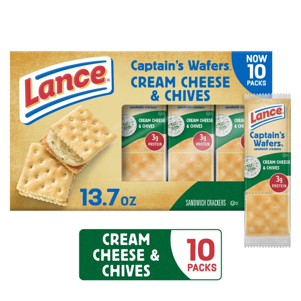 Pack of 3 Lance Sandwich Crackers Captain's Wafers Cream Cheese And Chives 10 Packs, 10 ct, 1.37 oz (packaging may vary)