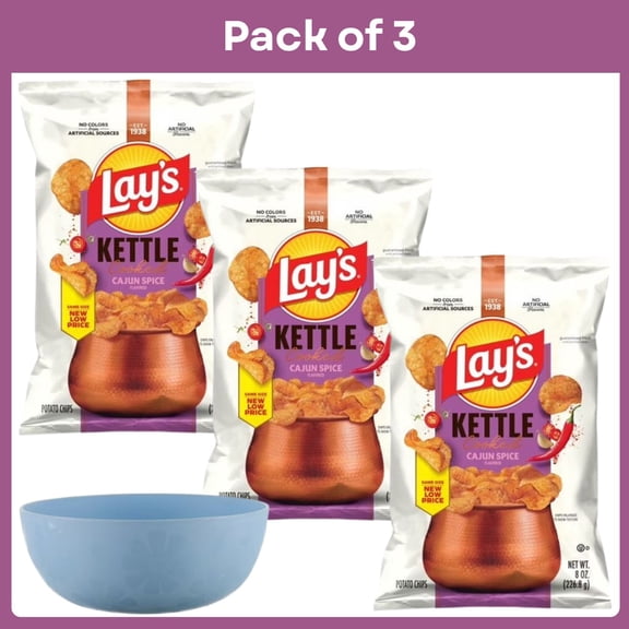 Pack of 3 Lays Cajun Spice Kettle Cooked Potato Chips Bag, 8 oz- With Bowl