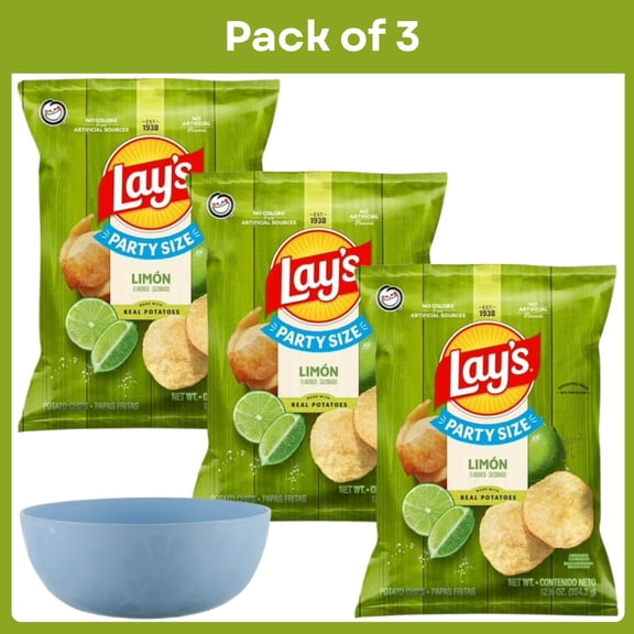 Pack of 3 Lay's Limon Flavored Potato Chips, Party Size, 12.5 Ounce Bag- With Bowl