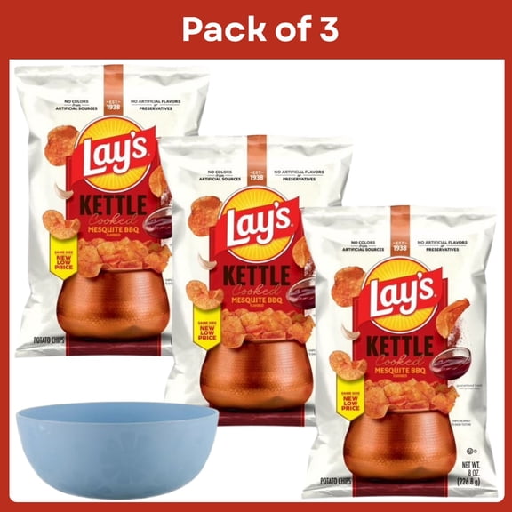 Pack of 3 Lays Mesquite BBQ Kettle Cooked Potato Chips Bag, 8 oz-With Bowl