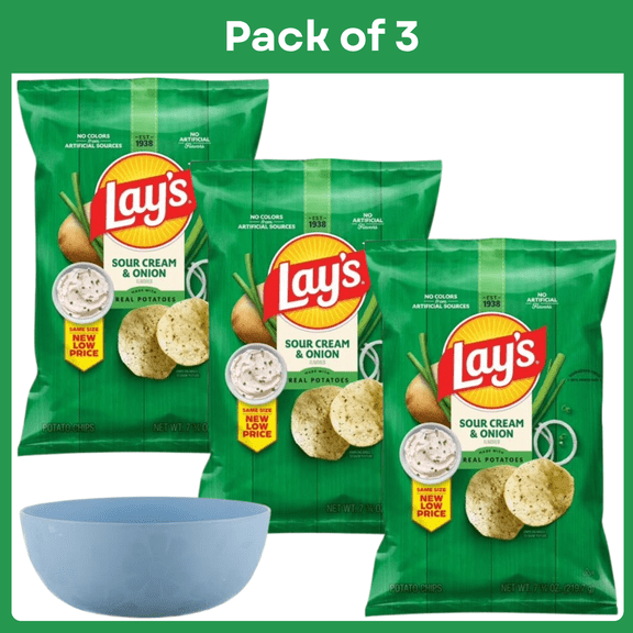 Pack of 3 Lay's Sour Cream & Onion Flavor Potato Chips, 7.75 oz Bag-With Bowl