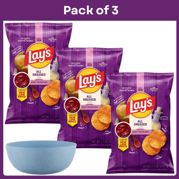 Pack of 3 Lays All Dressed Potato Chips 7.75 oz Bag- With Bowl