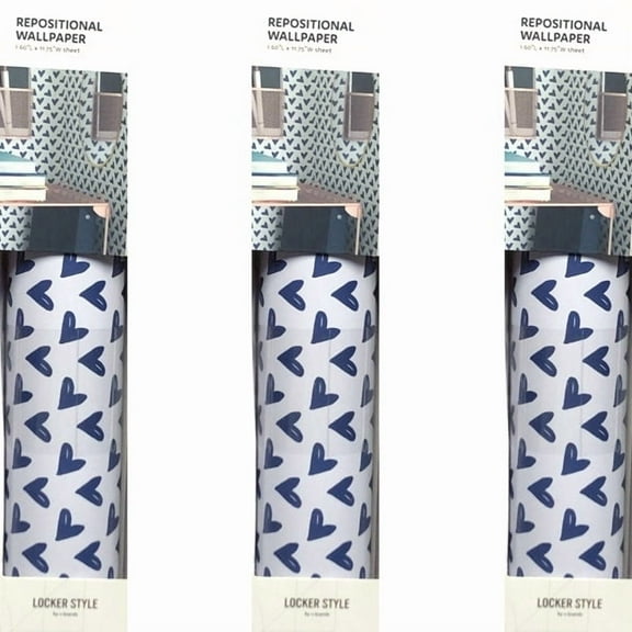 Pack of 3 - Locker Style Self-Adhesive Re-positional Wallpaper Decal - Blue Hearts Design (11.75" x 60") Fits most lockers