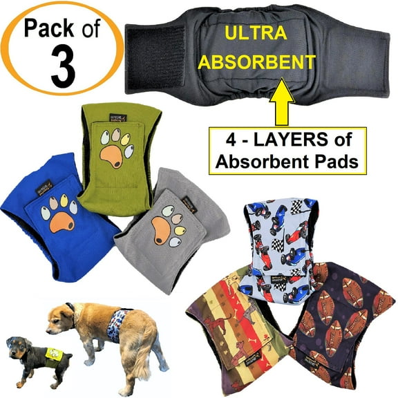 Pack of 3 Male Dog Diapers Belly Band Wrap Waterproof Leak Proof Washable