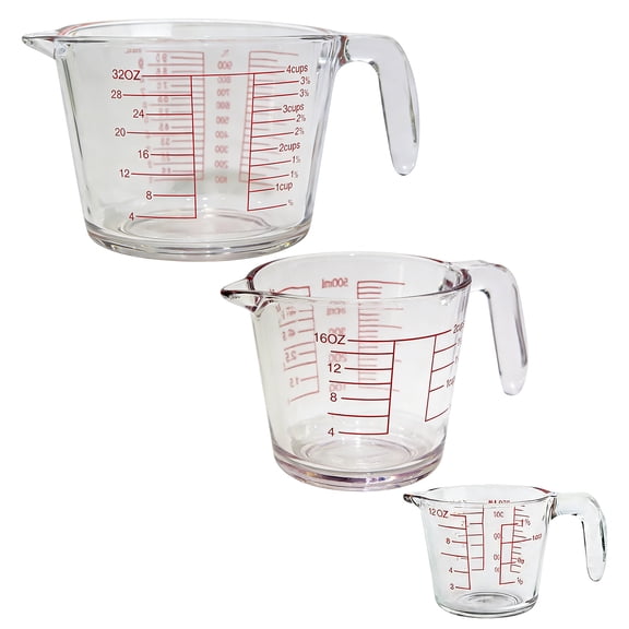 Pack of 3 Multiple Capacity Armoured Glass Measuring Cups Including Precise Scale Ergonomic Handle and Heat Resistance