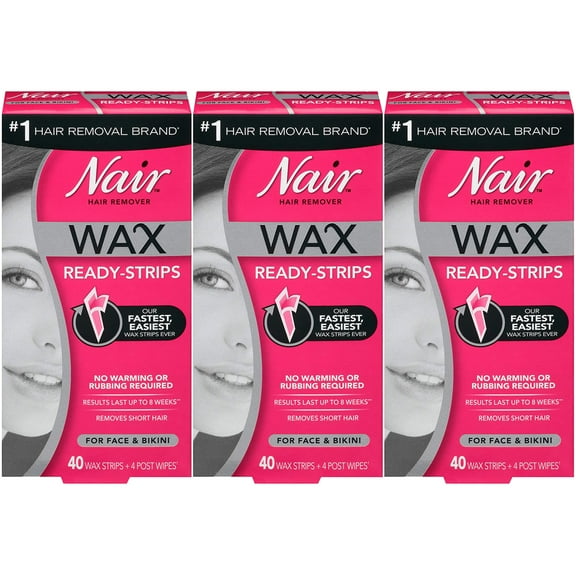 Pack of (3) Nair Hair Remover Wax Ready Strips, Face and Bikini Hair Removal Wax Strips, 40 Count