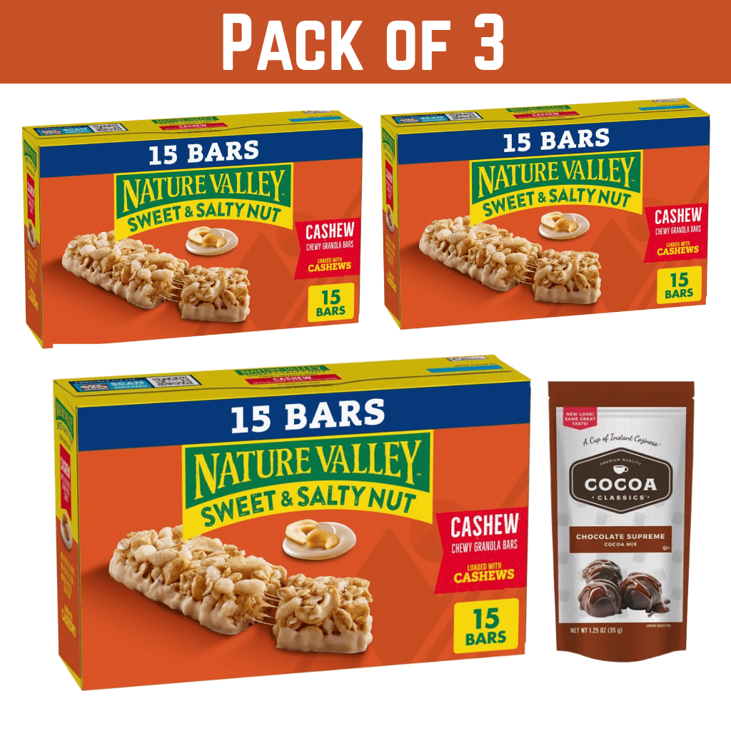 Pack of 3 Nature Valley Sweet & Salty Cashew Granola Bars, 15 Bars Each, 18 oz  with free Cocoa Mix Sachet by valueNest