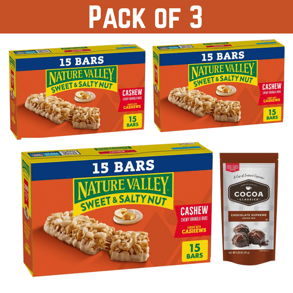 Pack of 3 Nature Valley Sweet & Salty Cashew Granola Bars, 15 Bars Each, 18 oz with free Cocoa Mix Sachet by valueNest