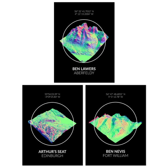 Pack of 3 Neon Scottish Hill and Mountain Topography Maps Ben Lawers Aberfeldy Unframed Wall Art Living Room Prints Set