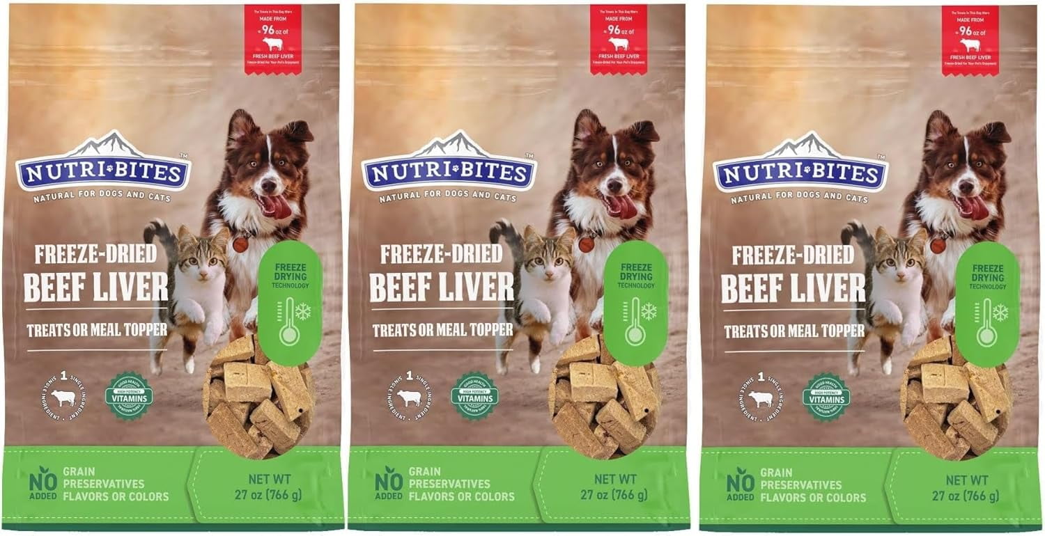 (Pack of 3) Nutir-Bite Freeze Dried Beef Liver Dog & Cat Treats or Meal Topper,27 oz (766 g) - All Natural, Single Ingredient, High Protein.