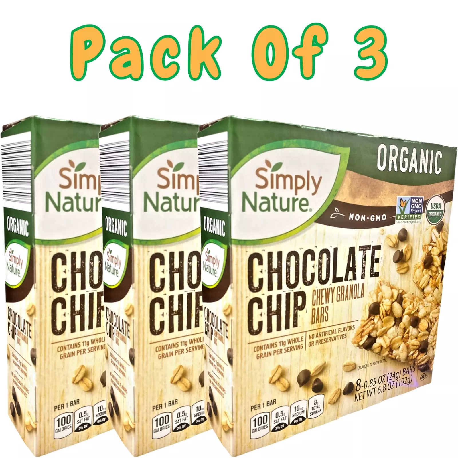 Pack of 3 – Organic Non-GMO Chocolate Chip Chewy Granola Bars (8 Bars per Box)