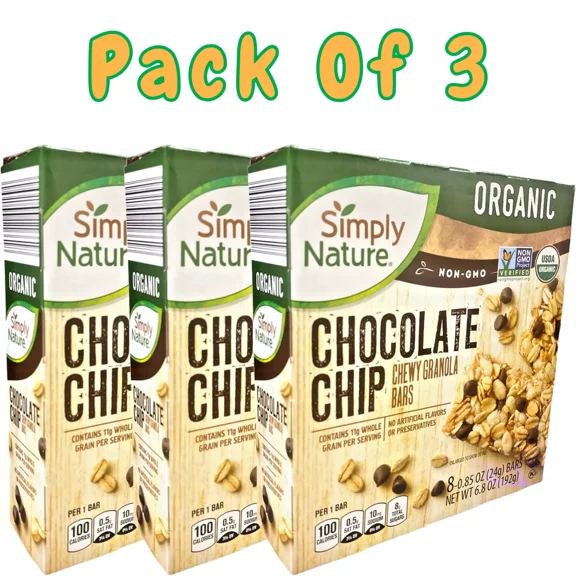 Pack of 3 Organic Non-GMO Chocolate Chip Chewy Granola Bars (8 Bars per Box)