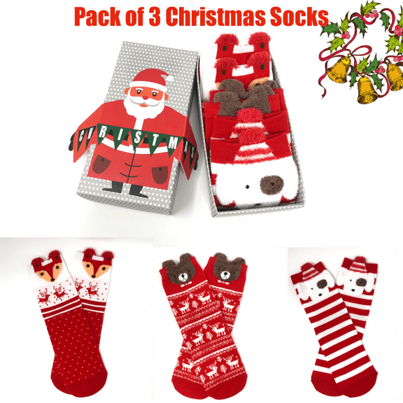 Pack of 3 Pairs Teen Girl, Women's Christmas Holiday Design Socks with Gift Box Package ( 5.5-7)