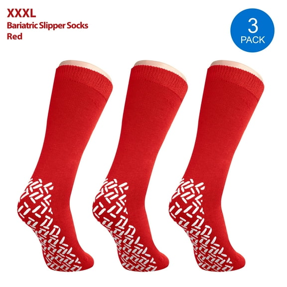 Pack of 3 Pairs - XXXL Non-Skid Bariatric Extra Wide Slipper Socks for People with Diabetes & Edema (Red)