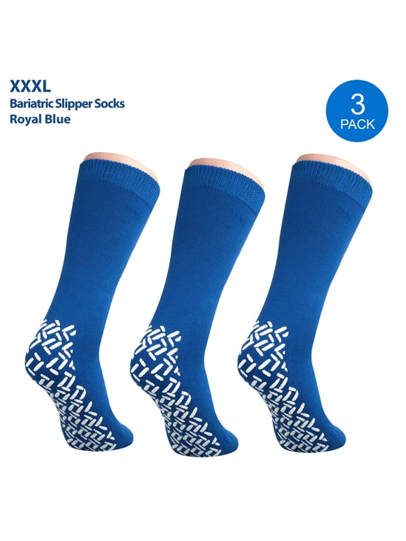Pack of 3 Pairs - XXXL Non-Skid Bariatric Extra Wide Slipper Socks for People with Diabetes & Edema (Royal Blue)