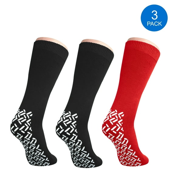 Pack of 3 Pairs - XXXL Non-Skid Bariatric Extra Wide Slipper Socks for People with Swollen feet Diabetes & Edema (2 Black 1 Red)