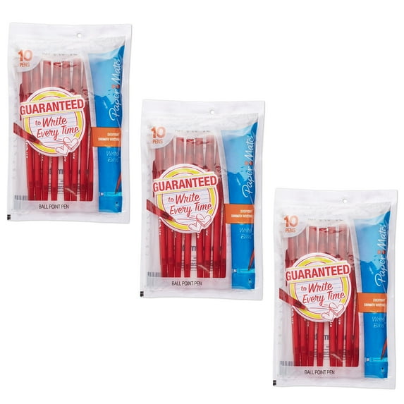 Pack of (3) Paper Mate Write Bros Ballpoint Pens, Medium Point (1.0mm), Red, 10 Count