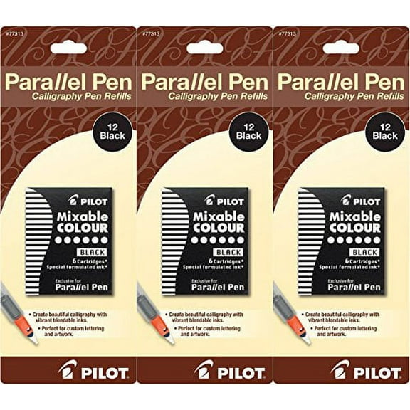 Pack of 3 Pilot Parallel Pen Ink Refills for Calligraphy Pens, Black, 12 Cartridges per Pack (77313)