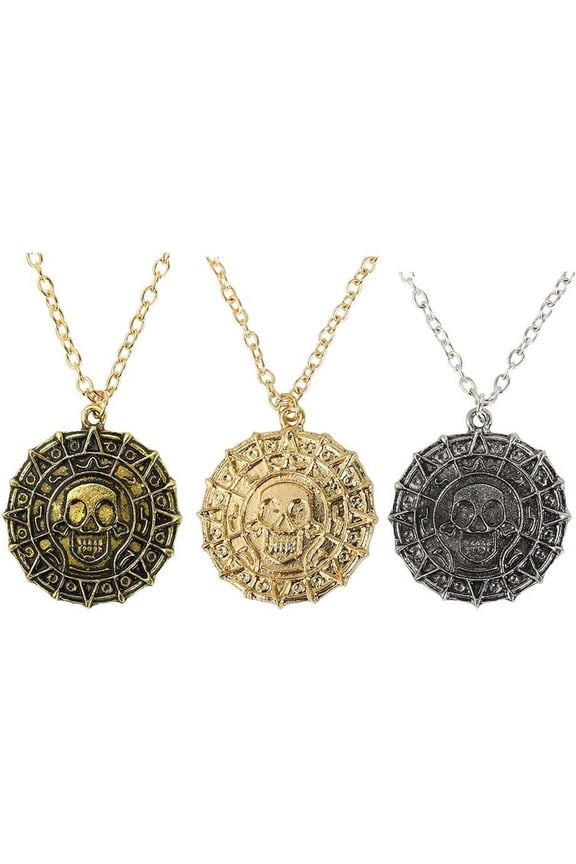 Pack of 3 Pirates of The Caribbean Necklace Aztec Skull Coin Medallion Necklace