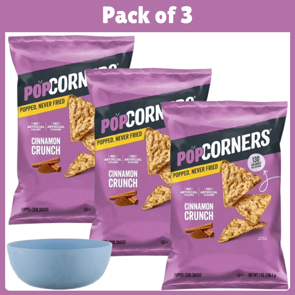 Pack of 3 PopCorners No Artificial Colors or Flavors Cinnamon Crunch Popped Corn Chips Bag, 7 oz-With Bowl