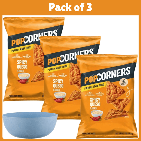 Pack of 3 PopCorners No Artificial Colors or Flavors Spicy Queso Popped Corn Chips Bag, 7 oz-With Bowl