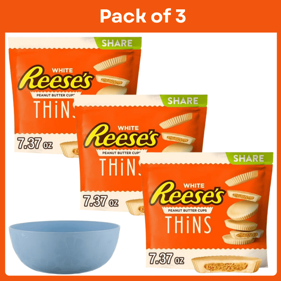 Pack of 3 REESE'S, THINS White Crme and Peanut Butter Candy, Individually Wrapped, 7.37 oz, Bag- With Bowl