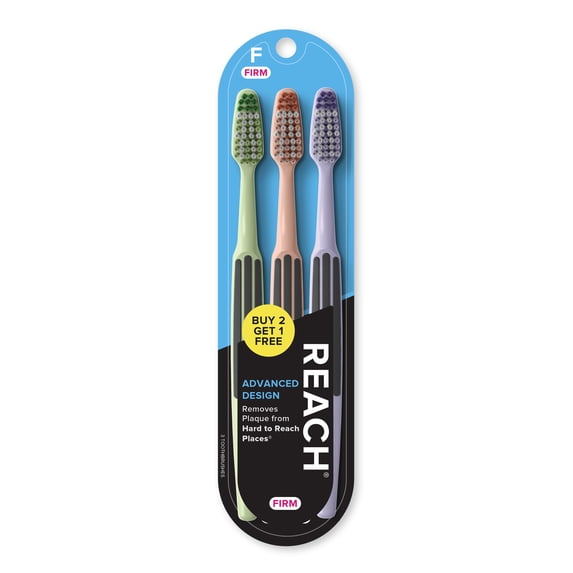 REACH Advanced Design Toothbrush, Angled Neck, Firm Bi-Level Bristles, Contoured Handle, Tongue Cleaner, 3 Count