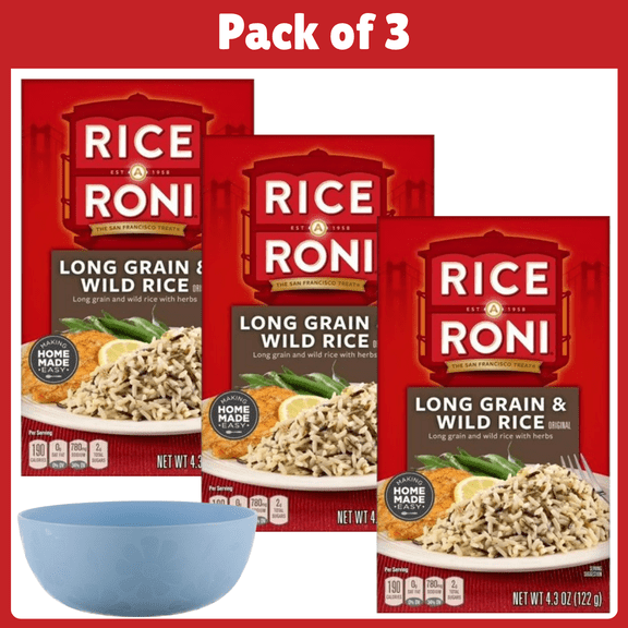 Pack of 3 Rice-A-Roni Long Grain & Wild Rice Mix Packaged Meal, 4.3 oz Shelf-Stable Box-With Bowl