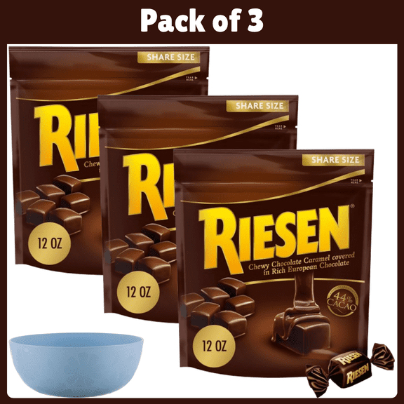 Pack of 3 Riesen Chocolate Caramel Covered Chewy Candy, 12oz-With Bowl