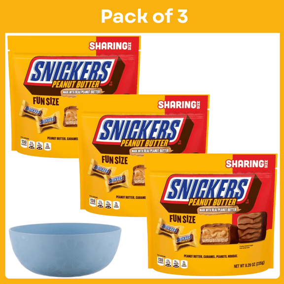 Pack of 3 Snickers Fun Size Peanut Butter Chocolate Bars , Sharing Size - 8.29 oz Bag- With Bowl